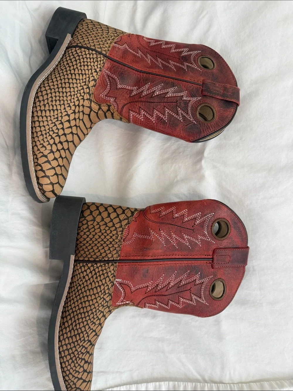 Kids Pull-On Western Boots in Red and Brown with Textured snakeskin like base